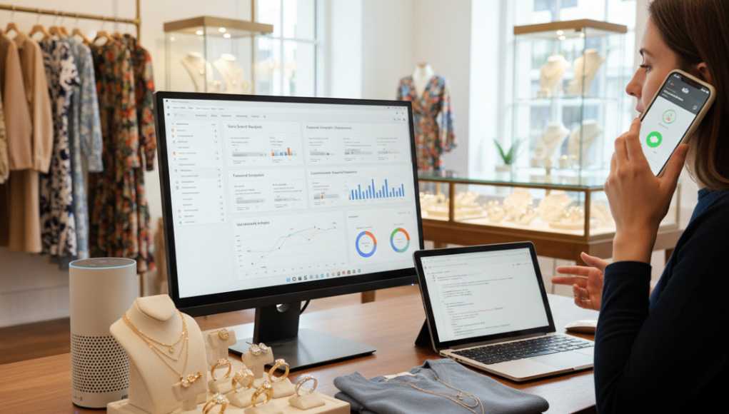 A customer using smartphone voice search inside a high-end apparel and jewelry boutique."