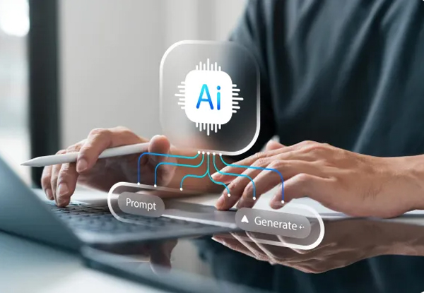 "Close-up of hands using a laptop with a digital AI assistant icon and chat bubbles appearing on the screen."