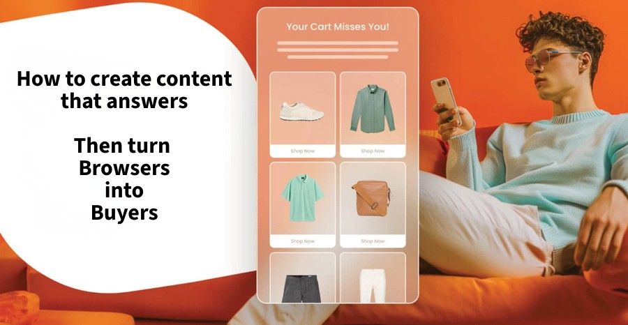 Talk to your wardrobe : A guide to Voice Search Optimization for Modern Retail Stores 7 An online apparel catalog on a mobile screen next to a man relaxing on a sofa, with text about turning browsers into buyers."